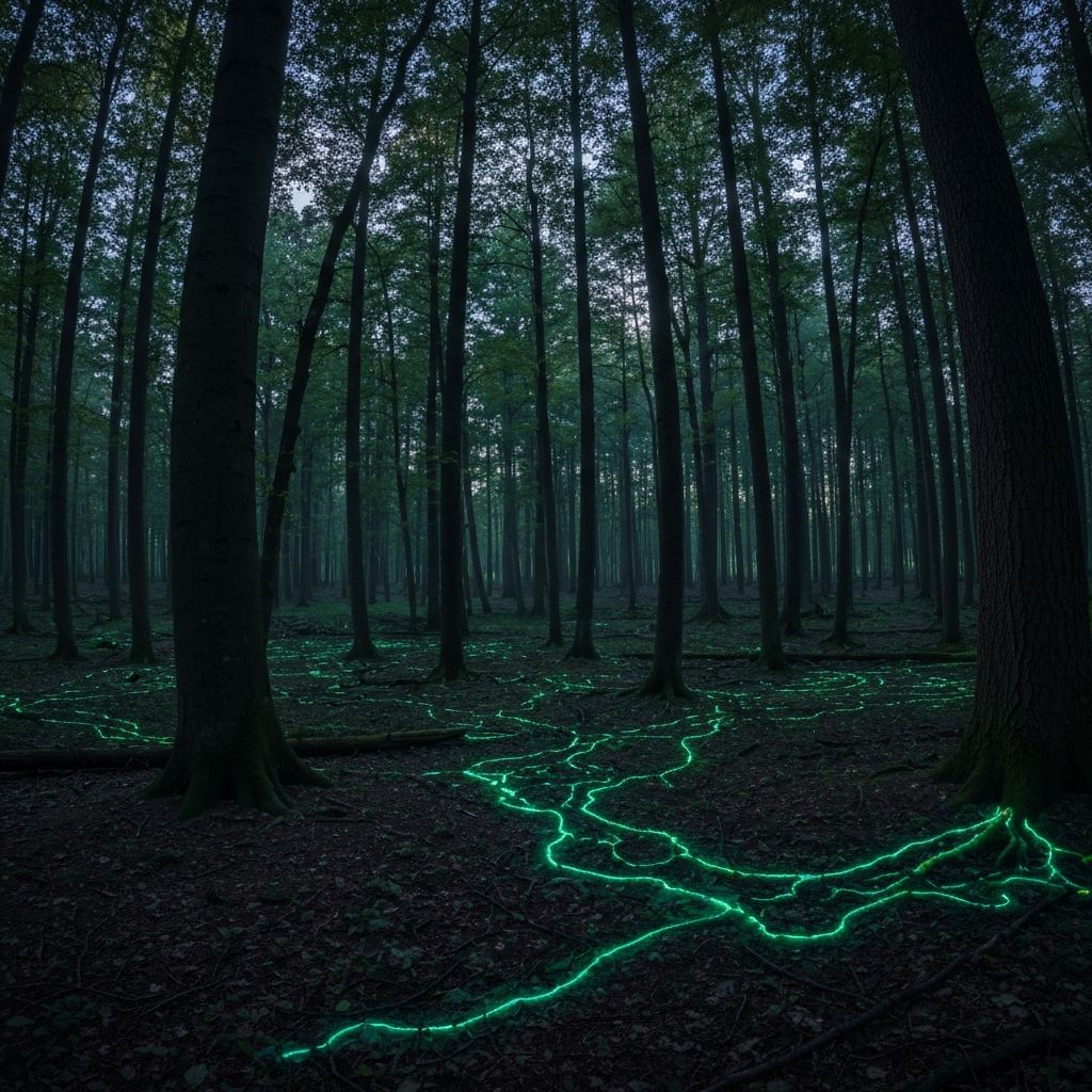 Bioluminescent mycelium network underground, connecting trees in trust